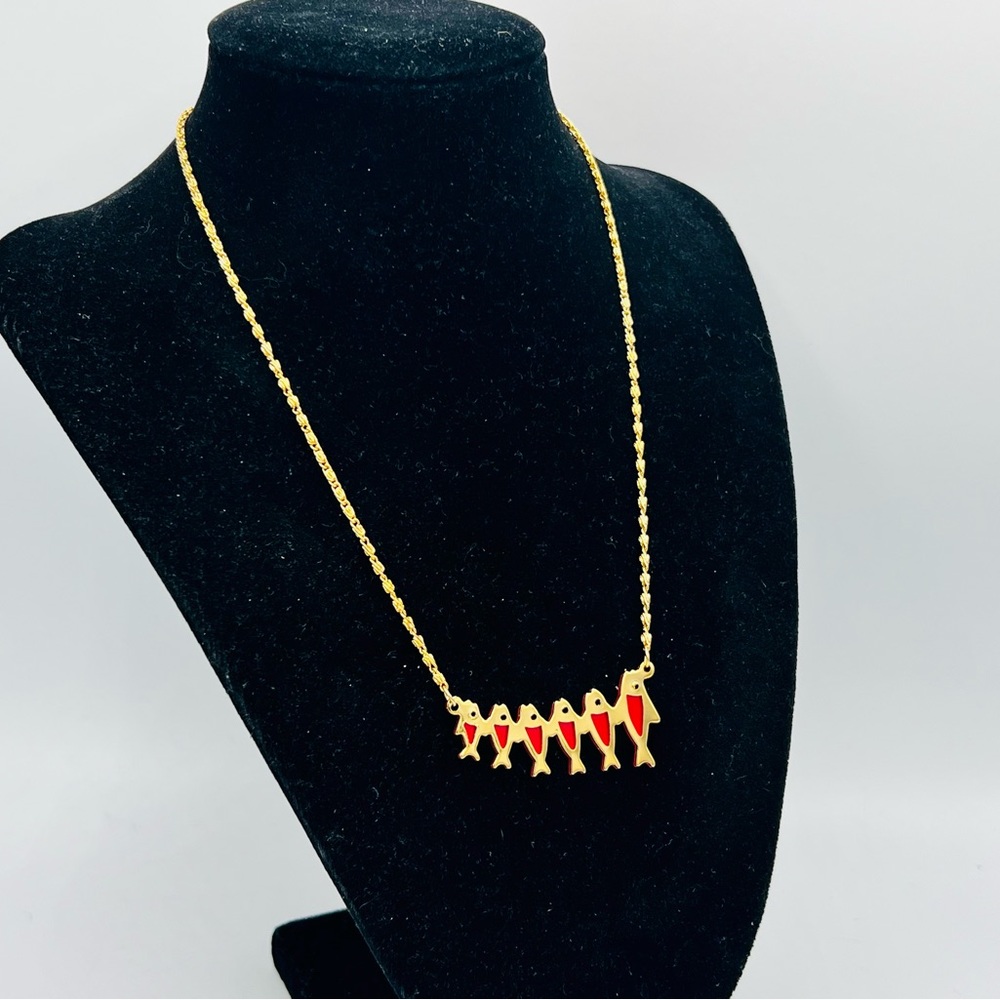 Vintage 6 red fishes gold tone necklace 1990s new old stock